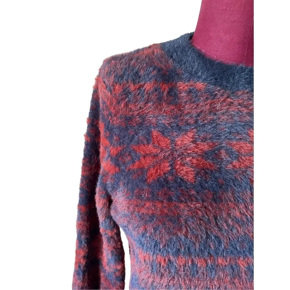 NWOT FREE PEOPLE FP ONE Sz S CROPPED FUZZY FAIRISLE‎ PULLOVER SWEATER NAVY COMBO